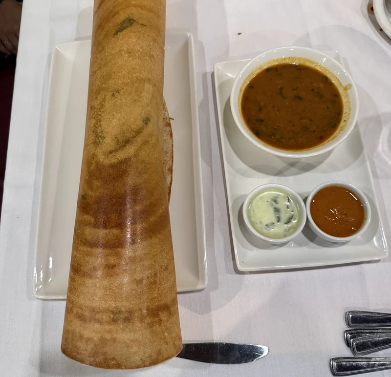 Masala dosa with sambar and chutneys at Tamarind Regina South in Regina, SK